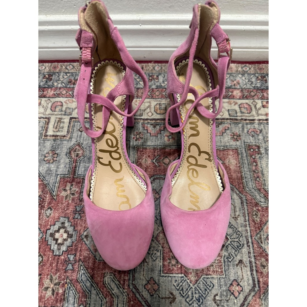 Sam Edelman Pink Suede Block Heel Ankle Strap Pumps Round Toe Size 8